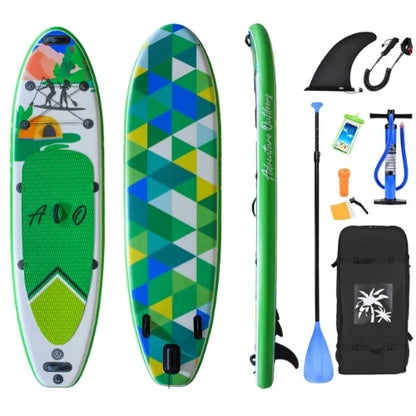 Inflatable paddle board with geometric design, accessories including a paddle and pump, on a white background.