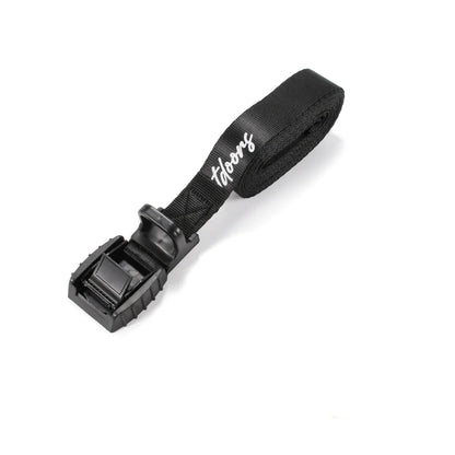 Black Adventure Outdoors cam buckle tie down strap folded with buckle on end
