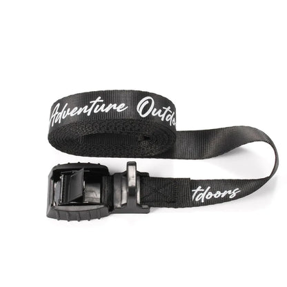 Black Adventure Outdoors cam buckle strap extended with Adventure Outdoors logo visible