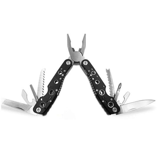 Adventure Outdoors multi-function folding pliers fully opened showing knife, saw, screwdrivers, and other tools extended

