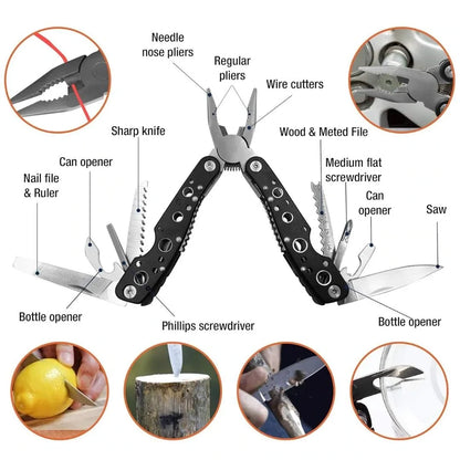 Diagram of Adventure Outdoors multi-function folding pliers highlighting 11 built-in tools with labeled features and usage examples