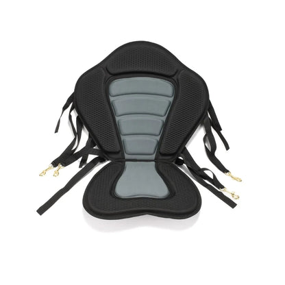 Front view of padded Adventure Outdoors kayak seat with cushioned back and seat pad, showing adjustable straps
