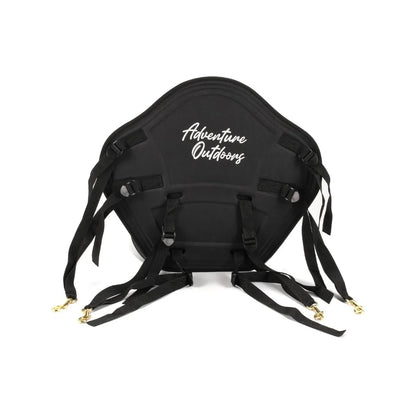 Rear view of Adventure Outdoors kayak seat with Adventure Outdoors logo and multiple attachment straps
