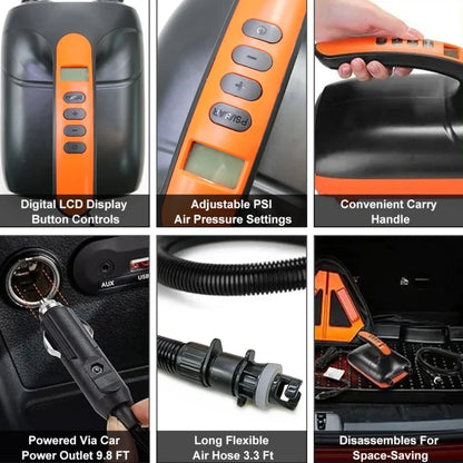 Collage of pump features including LCD display, adjustable pressure settings, carry handle, and DC power cord

