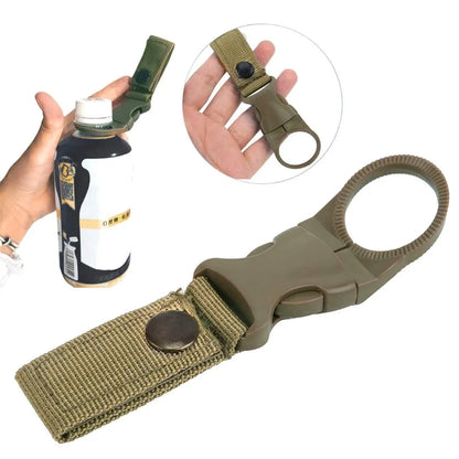 Hand demonstrating Adventure Outdoors water bottle clip holding a bottle for easy attachment