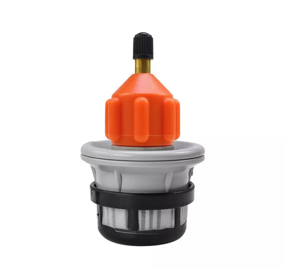 Close-up of AO paddleboard adapter with orange cap and black valve on white background

