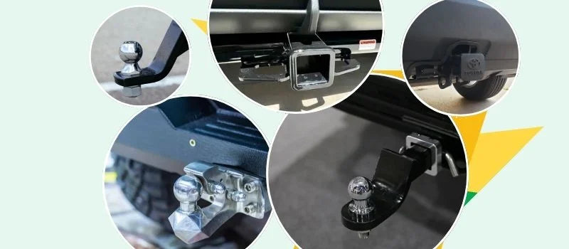 Collage of different types of trailer hitch components on a light green background.