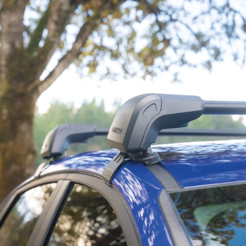 Roof rack system on a blue car with trees in the background