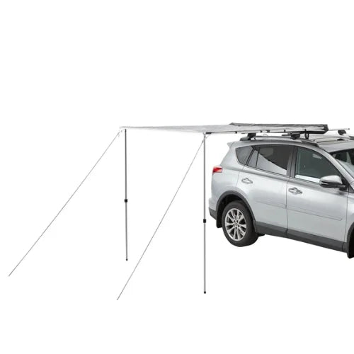 OverNOut roof rack awning size comparison showing 4.5 ft, 6.5 ft, and 8 ft options mounted on SUV crossbars