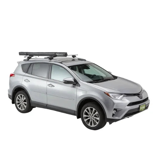 OverNOut roof rack awning in compact stowed position mounted on SUV roof rack