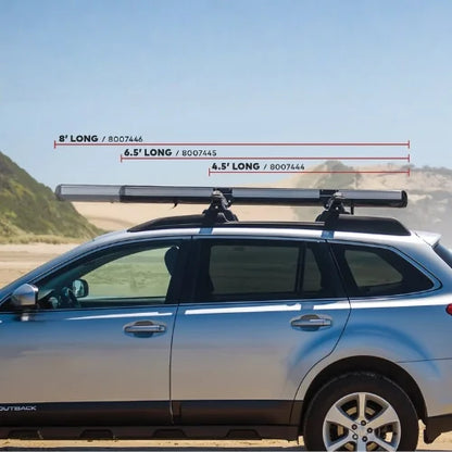 OverNOut roof rack awning size comparison showing 4.5 ft, 6.5 ft, and 8 ft awning lengths mounted on SUV roof rack