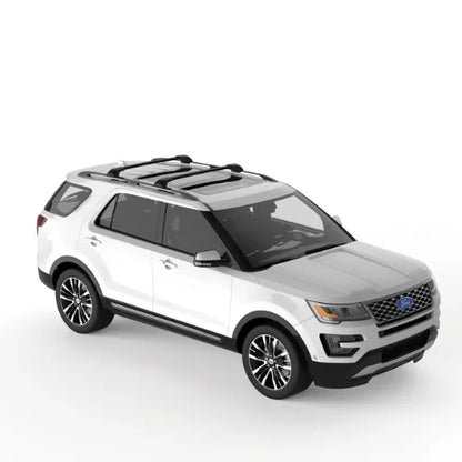 White SUV with roof racks on a white background