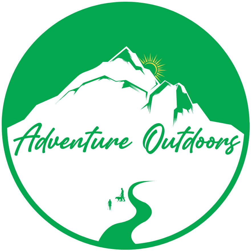 A logo for Adventure Outdoors featuring a stylized mountain with a sun and a pathway, and the text 'Adventure Outdoors' across the top.