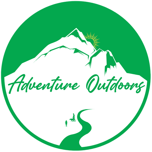 A logo for Adventure Outdoors featuring a stylized mountain with a sun and a pathway, and the text 'Adventure Outdoors' across the top.
