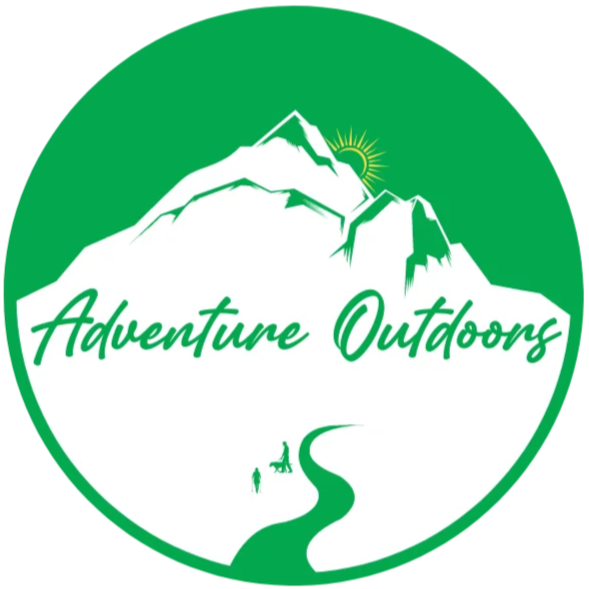 A logo for Adventure Outdoors featuring a stylized mountain peak with a sun symbol and the text 'Adventure Outdoors' arranged within a circular border.