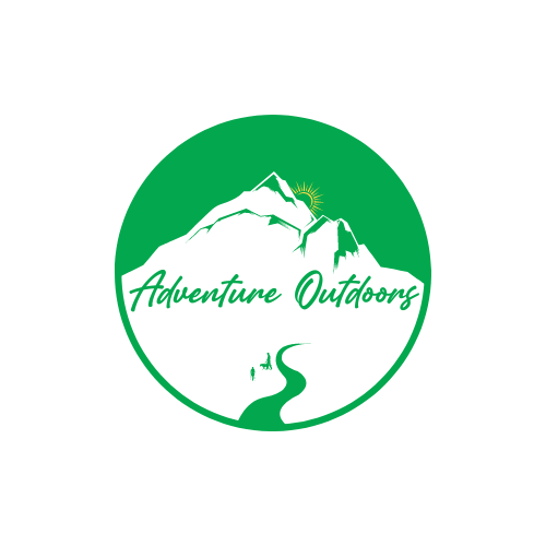 A logo for Adventure Outdoors featuring a stylized mountain peak with a sun motif and the name of the company across a green circular background.
