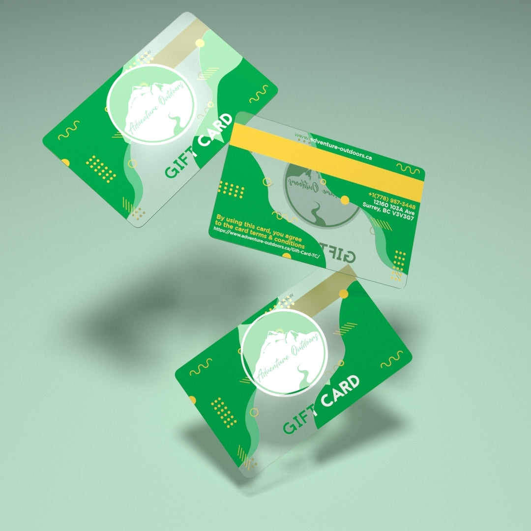 three gift cards with green and yellow branding, one with a magnetic stripe on the left and the other with a logo and the text 'GIFT CARD' falling from the sky