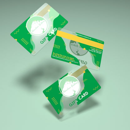 three gift cards with green and yellow branding, one with a magnetic stripe on the left and the other with a logo and the text 'GIFT CARD' falling from the sky