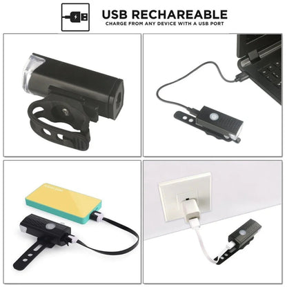 AO LED bike headlight showing USB recharging options with cable and port

