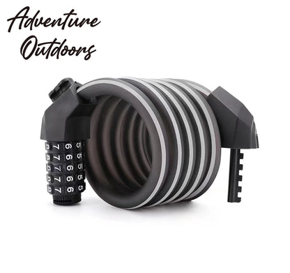 Black Adventure Outdoors 5-digit combination lock coiled steel cable displayed on grey background.