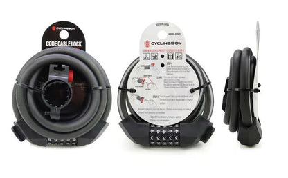 Close-up of Adventure Outdoors lock wrapped around bike frame, highlighting secure fit and steel cable.