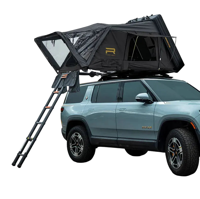 Black Condor 2 XL Air rooftop tent opened on a pickup bed rack with ladder deployed and window awnings extended.