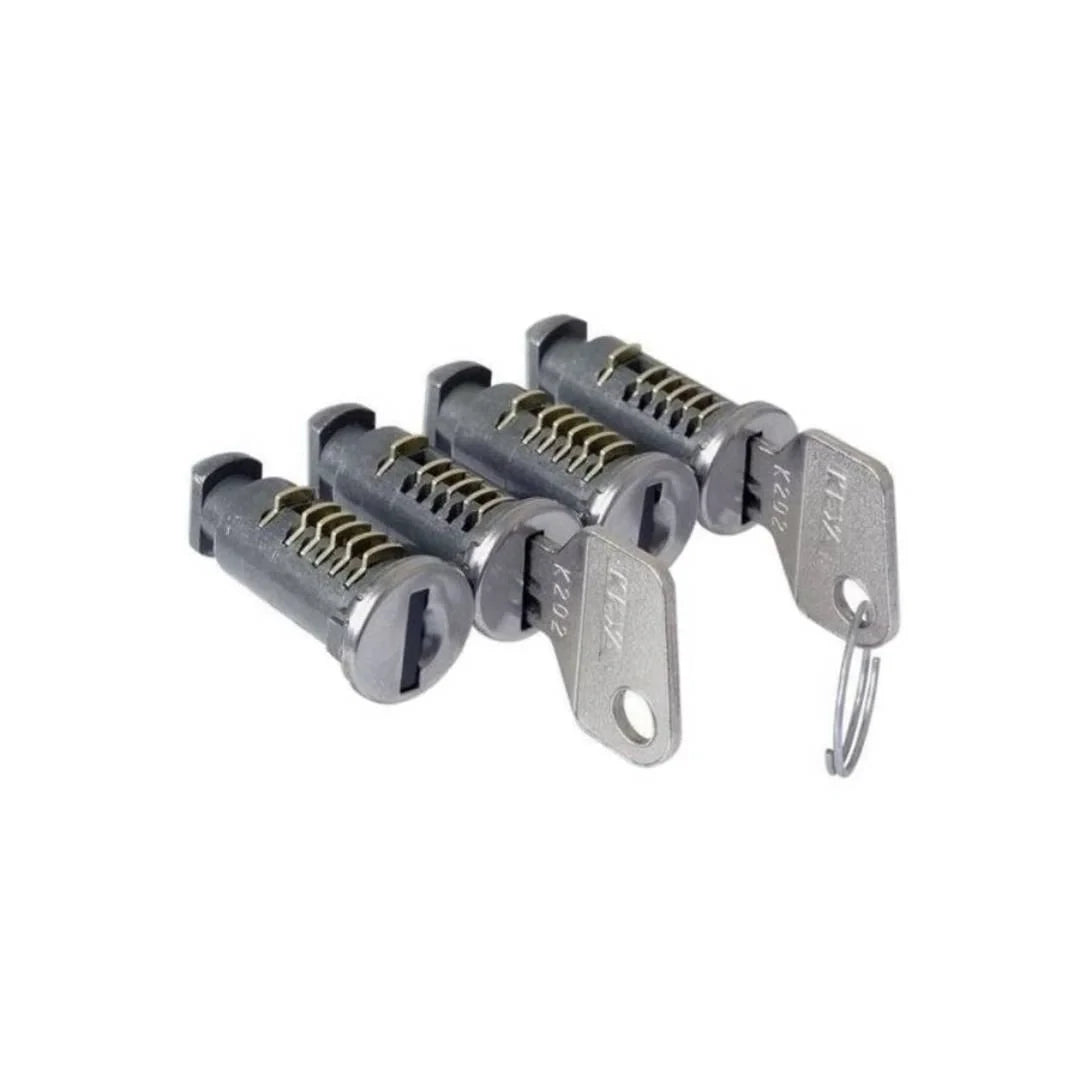 Cruz anti-theft lock set with four keyed-alike cylinder locks and two keys displayed on a white background.
