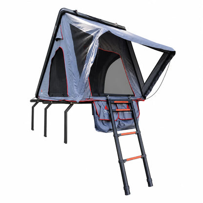 Plateau 1.0 Lightweight Aluminum Roof Top Tent open on a trailer with ladder deployed