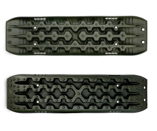 Two black rubber mats with textured surface on a white background