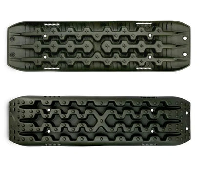 Two black rubber mats with textured surface on a white background