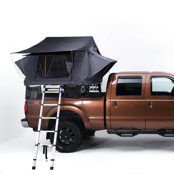 Summit 3 Person Roughneck Roof Top Tent open on a pickup truck with ladder deployed