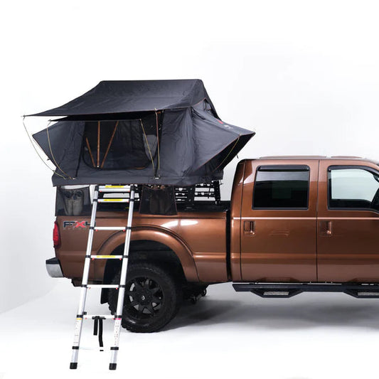 Summit 3 Person Roughneck Roof Top Tent open on a pickup truck with ladder deployed