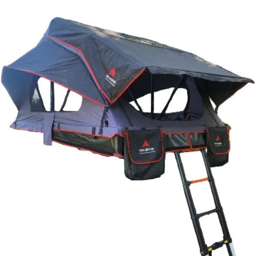Taiga Hybrid Folding Rooftop Tent open on a black SUV with ladder extended in a wooded outdoor setting.
