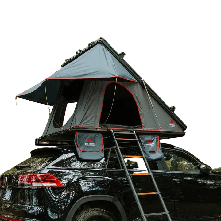 Wedge 2.0 Aluminum Hardshell Roof Top Tent open with grey fabric, red trim, and hardshell roof