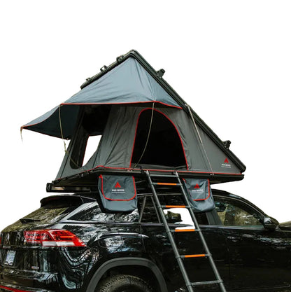 Wedge 2.0 Aluminum Hardshell Roof Top Tent open with grey fabric, red trim, and hardshell roof