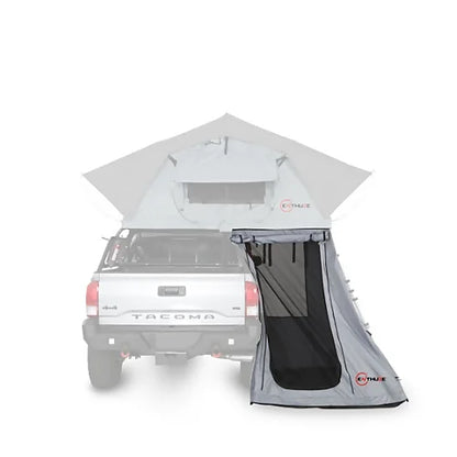 Enthuze Annex Room for Rooftop Tent with large side door access, mosquito netting, and privacy flaps attached to pickup truck