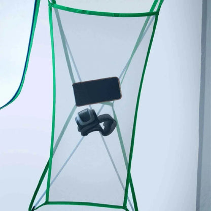 Interior pocket and gear loft view, displaying stored electronics inside the tent.