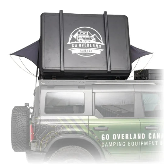 go overland expedition mini Rooftop tent on a vehicle unfolded with 'Go Overland Canada' branding.
