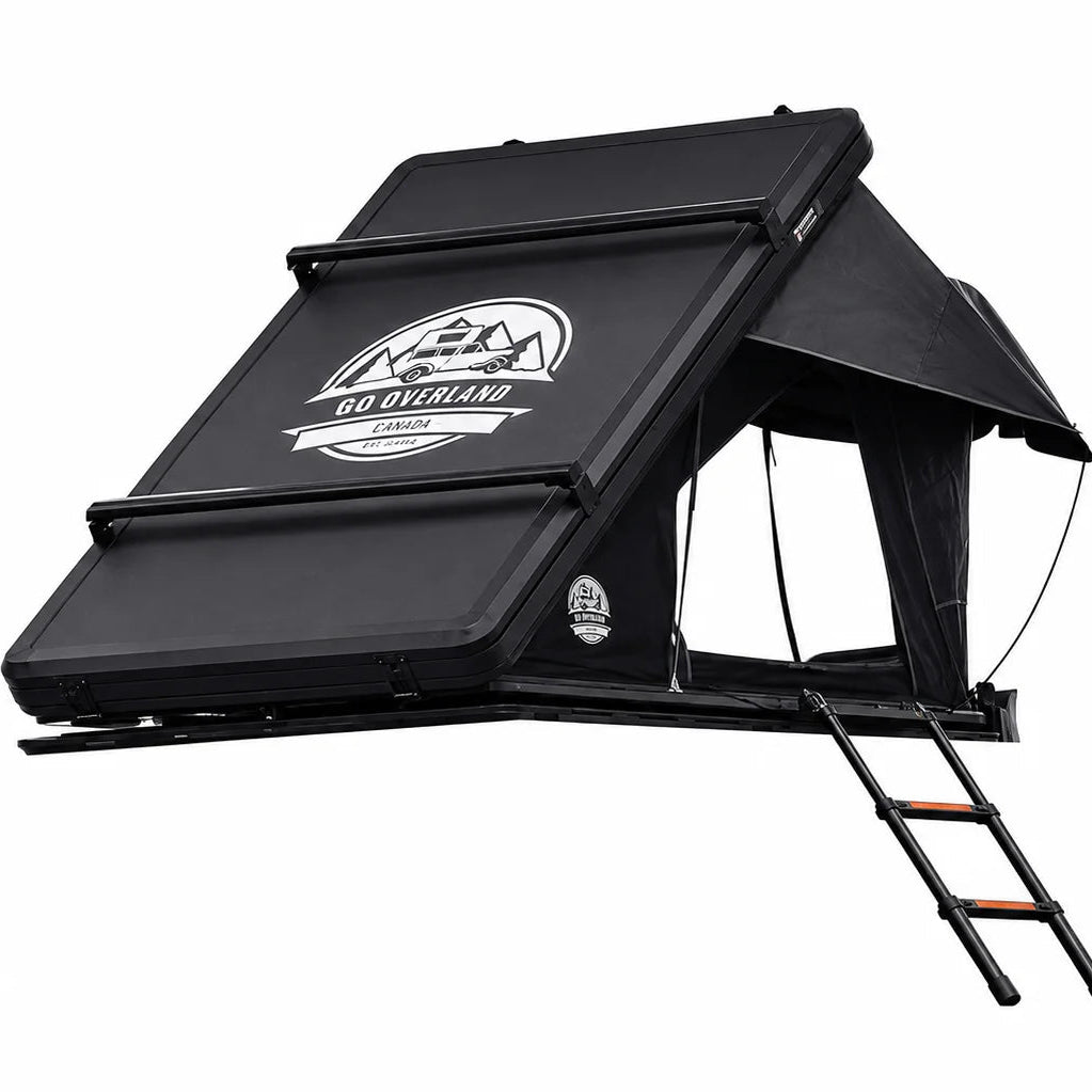 Summit Lite clamshell rooftop tent shown open with hard shell body, side windows, and attached telescopic ladder.