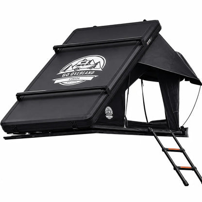Summit Lite clamshell rooftop tent shown open with hard shell body, side windows, and attached telescopic ladder.