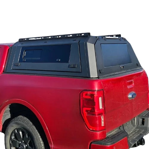 ford ranger gullwing aluminum truck cap with sliding windows and truck canopy on a red ford ranger