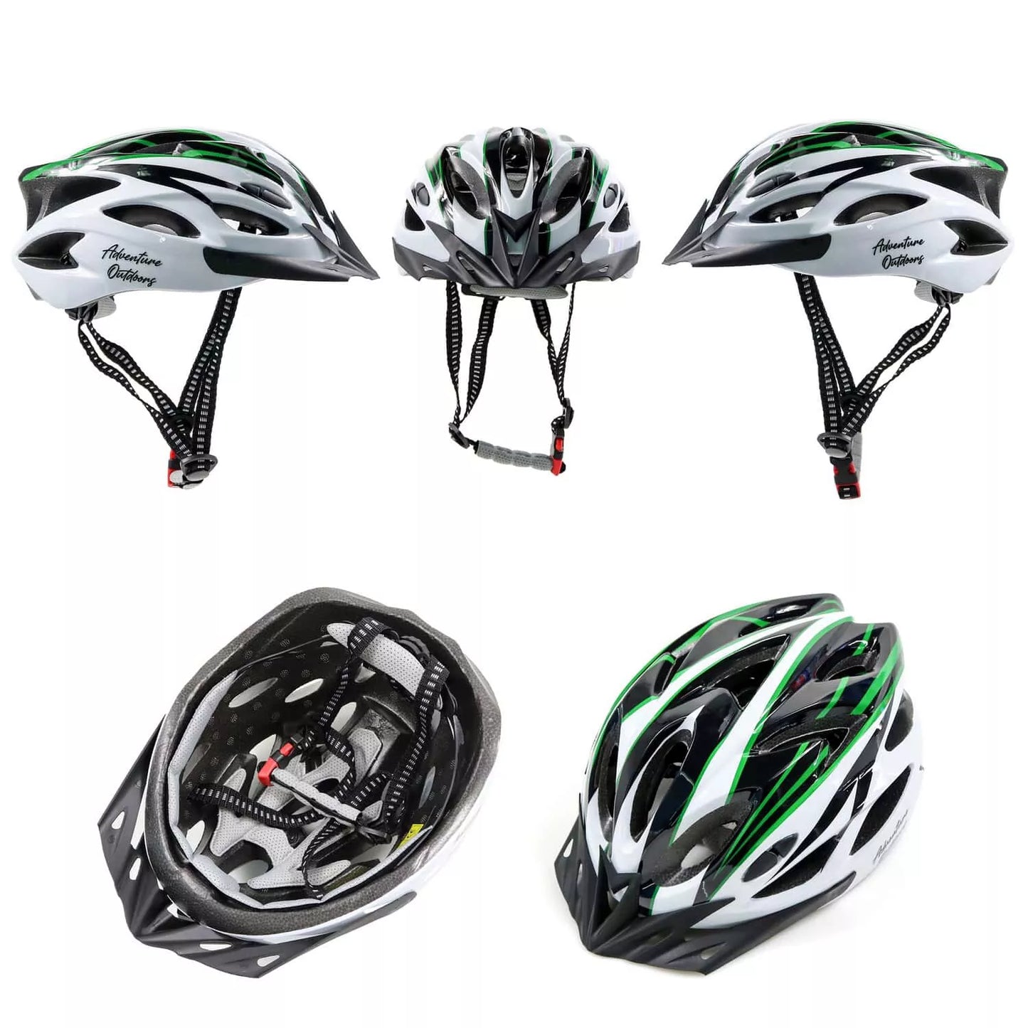AO bicycle helmets in green and black shown from various angles