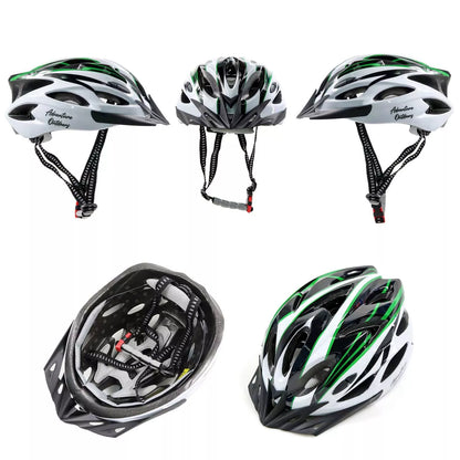 AO bicycle helmets in green and black shown from various angles