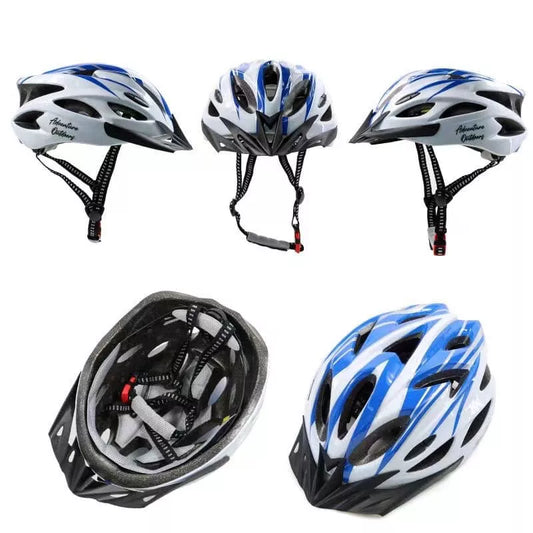 Multiple angles of AO bicycle helmet in blue with chin straps visible