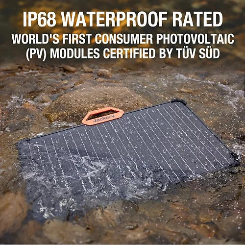 Jackery SolarSaga 80W IP68 waterproof portable solar panel in stream, durable and weather-resistant outdoor solar charger