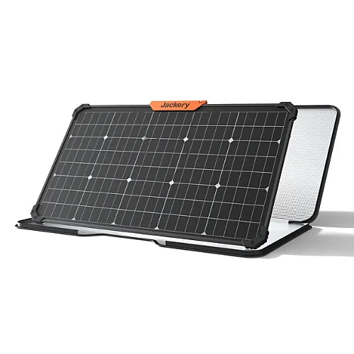 Jackery SolarSaga 80W dual-sided portable solar panel with carrying handle for efficient outdoor renewable energy charging on a white background