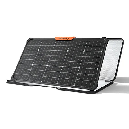 Jackery SolarSaga 80W dual-sided portable solar panel with carrying handle for efficient outdoor renewable energy charging on a white background