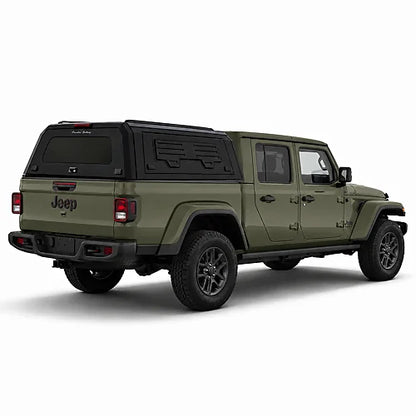 GullWing aluminum truck cap with tinted rear glass and lockable side doors on an overland pickup truck