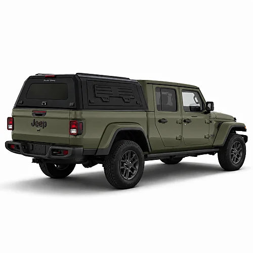 GullWing aluminum truck cap with tinted rear glass and lockable side doors on an overland pickup truck