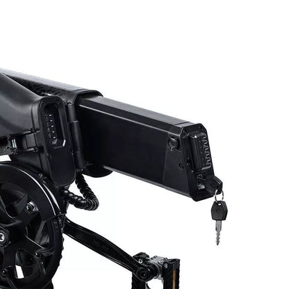 Close-up of battery and key inserted on Jetson Haze E-Bike
